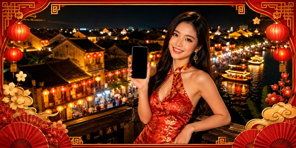 Người dùng tại phố cổ Hội An xem kết quả xổ số và chơi Keno trên điện thoại dưới ánh đèn lồng